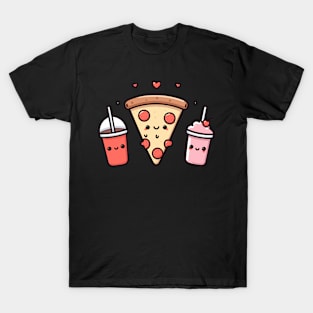 Kawaii Food Art with Pizza, Cola, Strawberry Milkshake, and Hearts | Cutesy Kawaii T-Shirt